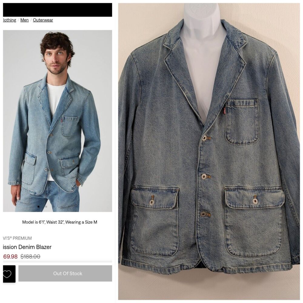 Levi's Medium Mens Denim "Mission" Blazer Flap Pockets Light Wash Street Wear